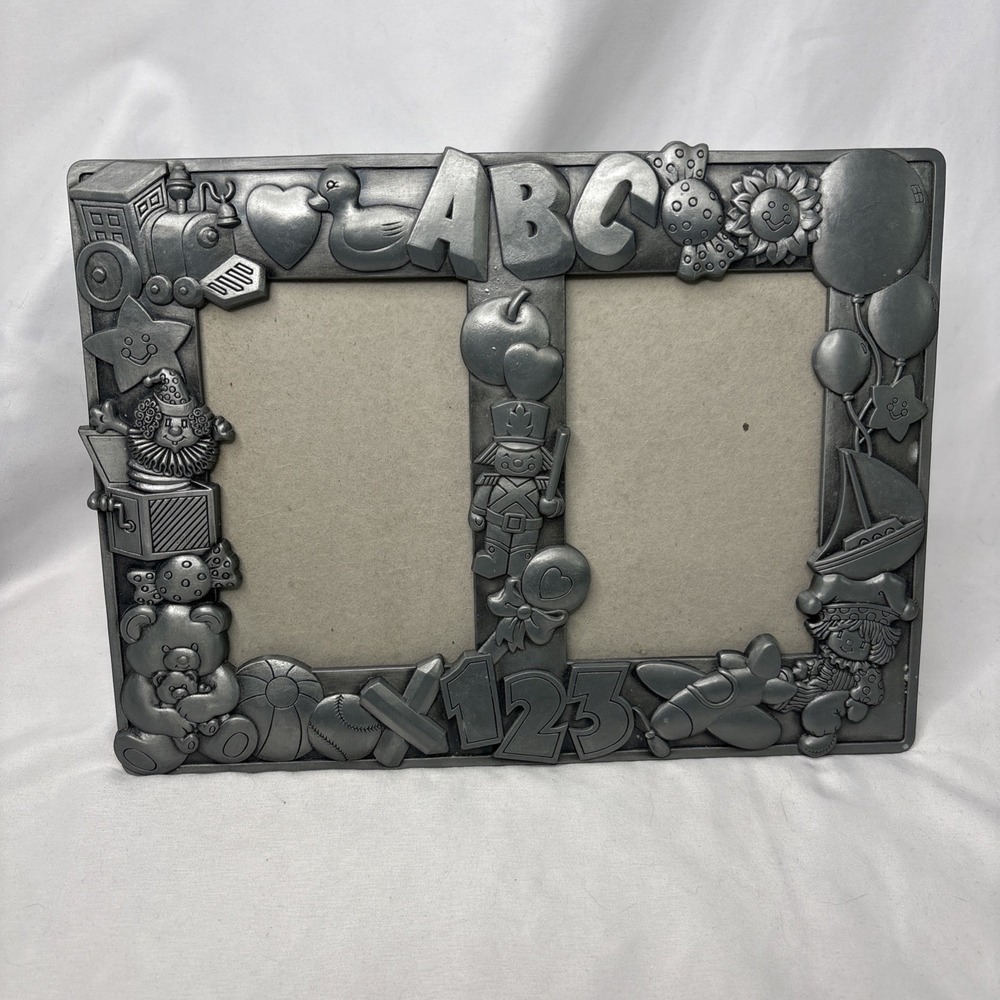 Pewter Metal Tabletop Picture Frame Child Theme ABC 123 Nursery Silver 2 Slots